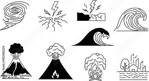 Stylized icons depict natural disasters like storms, earthquakes, volcanoes, and floods