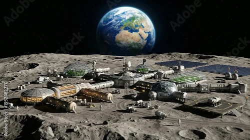 Futuristic lunar base on the moon surface with pressurized domes solar panels and Earth rising in space