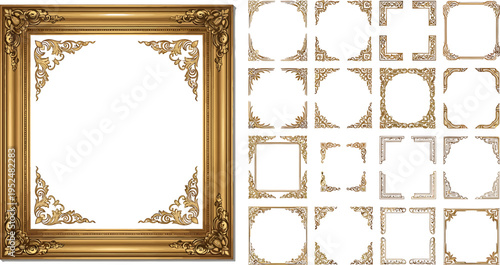 Elegant Golden Ornate Frame and Decorative Corner Elements Vector Illustration Set