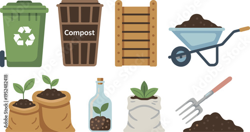 Compost and organic gardening set with recycling bins wheelbarrow soil bags seedlings and garden fork vector illustration isolated on white