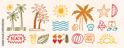 Doodle colorful line icons of palm trees, sun, waves, sunglasses, and beachwear. Palm trees and sun evoke a tropical vibe. Waves and beachwear suggest a summer theme. set, doodle.