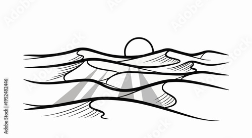 Stylized desert dunes under a setting sun with radiating light beams