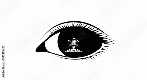 Stylized black and white eye reflecting a mushroom cloud from a nuclear explosion