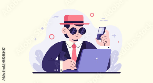Stylized man in hat and sunglasses using laptop and phone