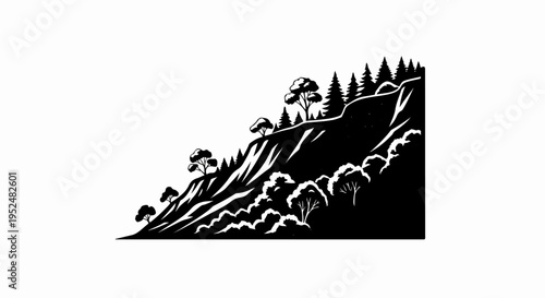 Stylized black and white illustration of a hilly forest landscape