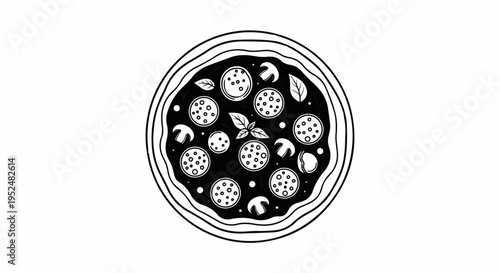 Stylized black and white illustration of a round pizza with toppings
