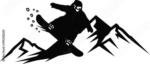 Stylized black and white illustration of a snowboarder jumping over mountain peaks