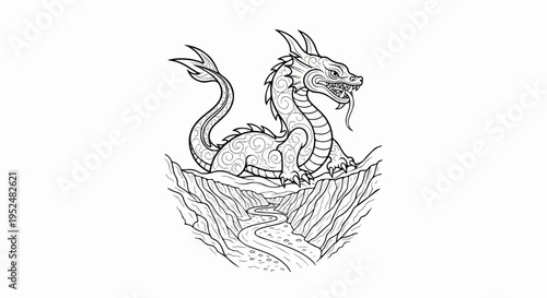 Stylized dragon perched on mountain rocks above winding river