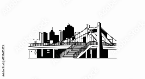 Stylized black and white illustration of a suspension bridge leading to a cityscape