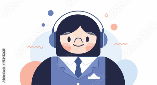 Stylized illustration of a friendly person wearing headphones and a suit