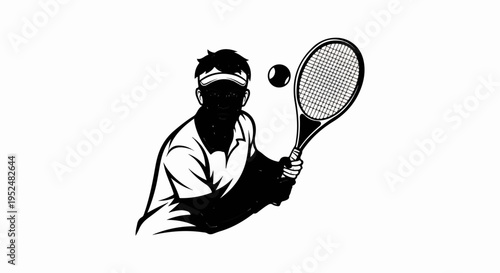 Stylized black and white illustration of a tennis player preparing to hit the ball