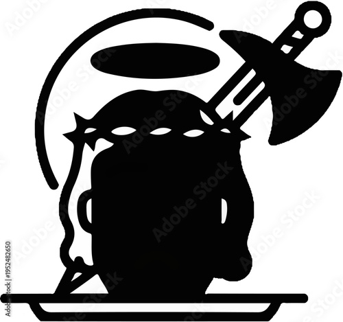 Stylized depiction of a severed head with crown, halo, and axe