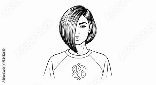 Stylized black and white illustration of a woman with bob haircut