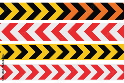 Warning and hazard tapes featuring alternating chevron patterns in yellow, black, red and white colors, safety and construction caution stripe tape set, industrial warning design isolated background. 