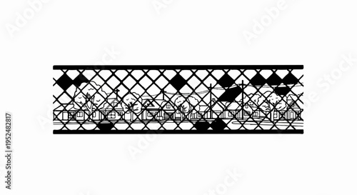 Stylized drawing of a suburban street with houses and trees behind a chain-link fence