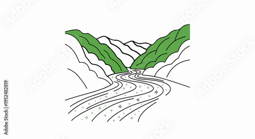 Stylized drawing of a winding river flowing through green, treeless mountains