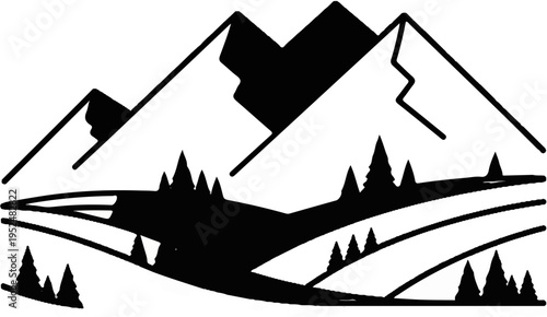 Stylized black and white mountain landscape with evergreen trees