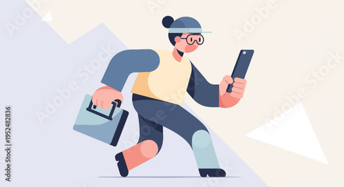Stylized illustration of a person in motion carrying a briefcase and phone