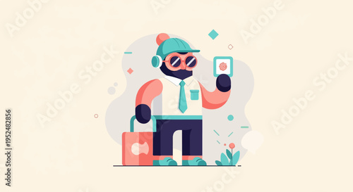 Stylized figure in cap, goggles, shirt, tie, and trousers holding a card