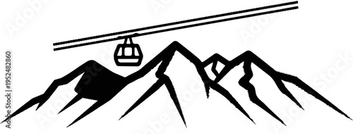 Stylized black and white mountains with a cable car overhead