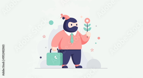 Stylized figure in disguise holds flower and briefcase against abstract background