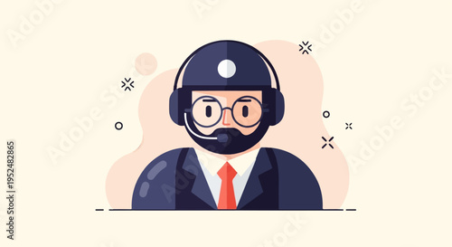 Stylized illustration of a person wearing a headset, glasses, and suit