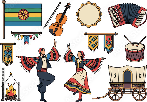 Traditional Romani Culture Elements and Traditional Clothing Dance Symbols and Musical Instruments
