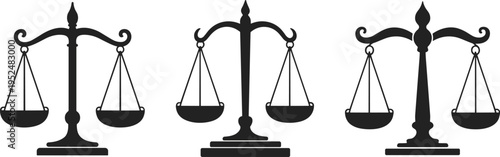 Three Black Silhouette Scales of Justice Symbols on White Background