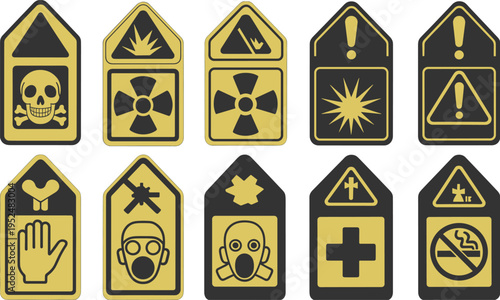 Industrial safety warning tag set with skull radiation chemical gas mask and medical hazard icons cad drawing flat vector illustration isolated
