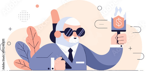 Stylized elderly man in suit and sunglasses holds microphone with shield symbol