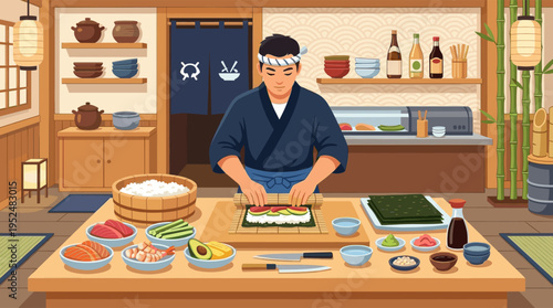 A skilled Japanese sushi chef is focused on preparing fresh maki rolls with various ingredients like fish and avocado in a traditional restaurant setting.