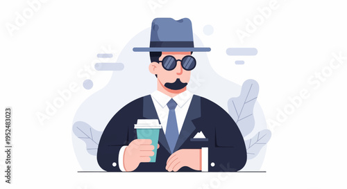 Stylish man with mustache and hat holding coffee cup, modern flat art