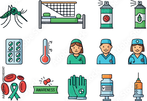 Collection of medical and healthcare icons including mosquitoes, beds, thermometers, and medical professionals
