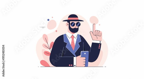 Stylish man in suit, hat, sunglasses, holding phone, pointing up
