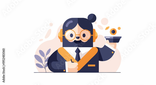 Stylized figure in suit holding a tray with circular objects