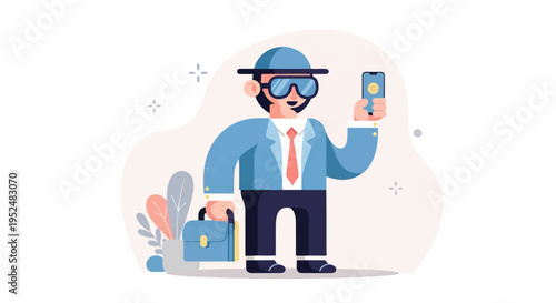 Stylish man in suit and hat checks cryptocurrency on phone, holding briefcase