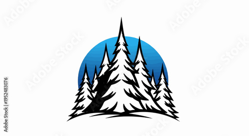 Stylized evergreen trees silhouetted against a gradient blue sun