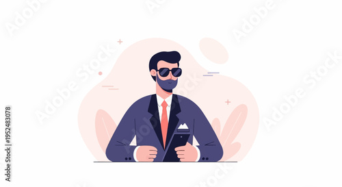 Stylish man in suit and sunglasses with tablet