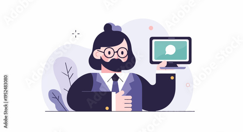 Stylized figure in suit holding computer with chat bubble on screen