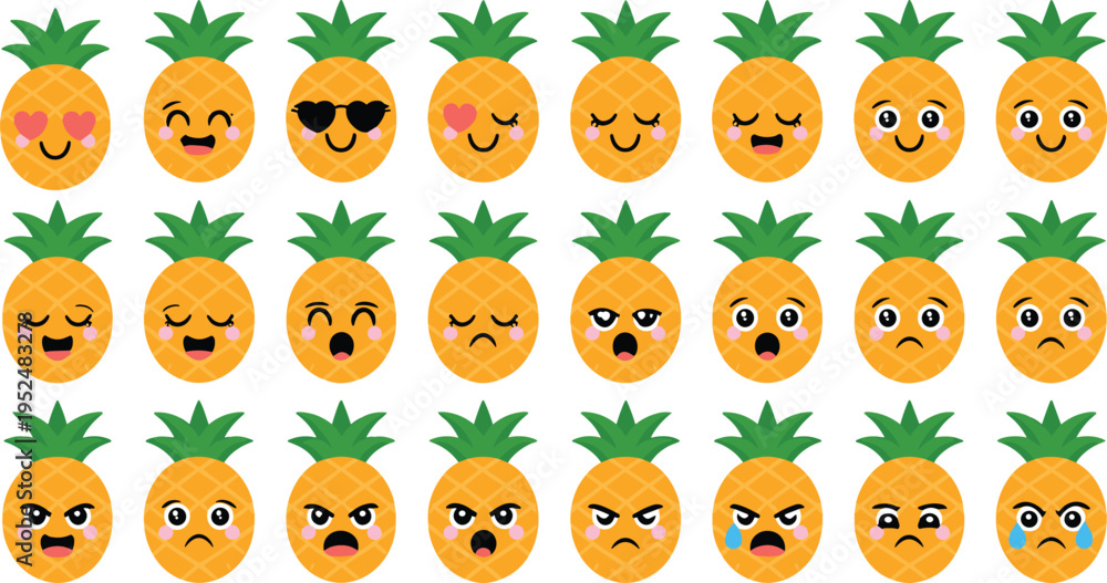Obraz premium Flat vector set of cute pineapple emoji characters with various facial expressions including happy sad angry and surprised icons isolated on white background for summer graphic design projects.