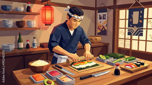 An illustration of a skilled itamae preparing fresh sushi and maki rolls with fish and rice in a traditional Japanese kitchen setting.