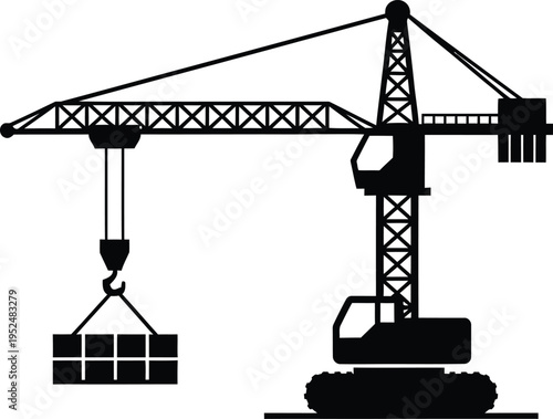 Black silhouette of a construction crane lifting a load of bricks