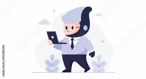 Stylized character in business attire walks with a laptop