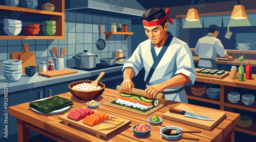 A focused Japanese chef in a traditional uniform prepares sushi, rolling fresh fish and rice with a bamboo mat in a bustling restaurant kitchen illustration.