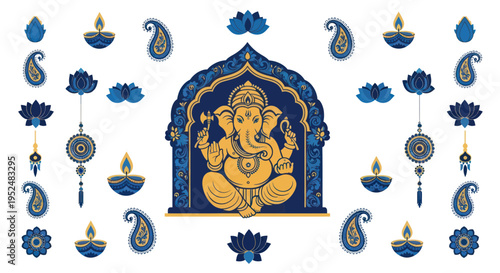 Ganesha deity in ornate archway, surrounded by Diwali diyas, lotus flowers, and paisley.