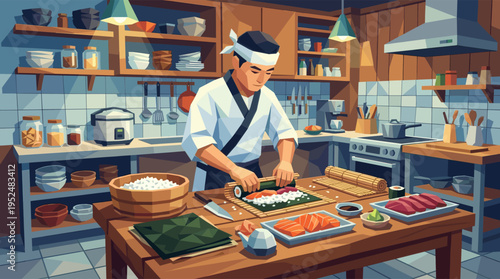An illustration of a focused Japanese chef carefully preparing fresh maki sushi rolls in a traditional, well-equipped restaurant kitchen.