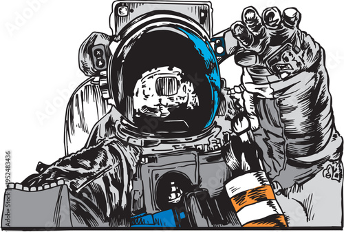 Astronaut Illustration in Space Suit, Stylized Spaceman Graphic with Blue and Orange Accents