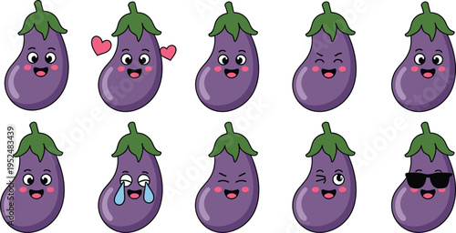 Flat vector set of cute eggplant emoji characters with various happy facial expressions including love crying and cool sunglasses icons isolated on white background for food graphic design projects.