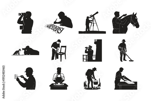 Silhouette set bundle of people performing various activities professions