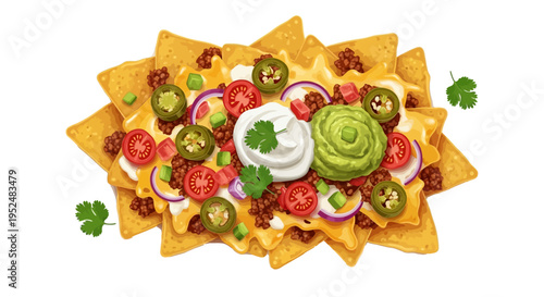 Loaded nacho chips with beef  cheese  and fresh toppings